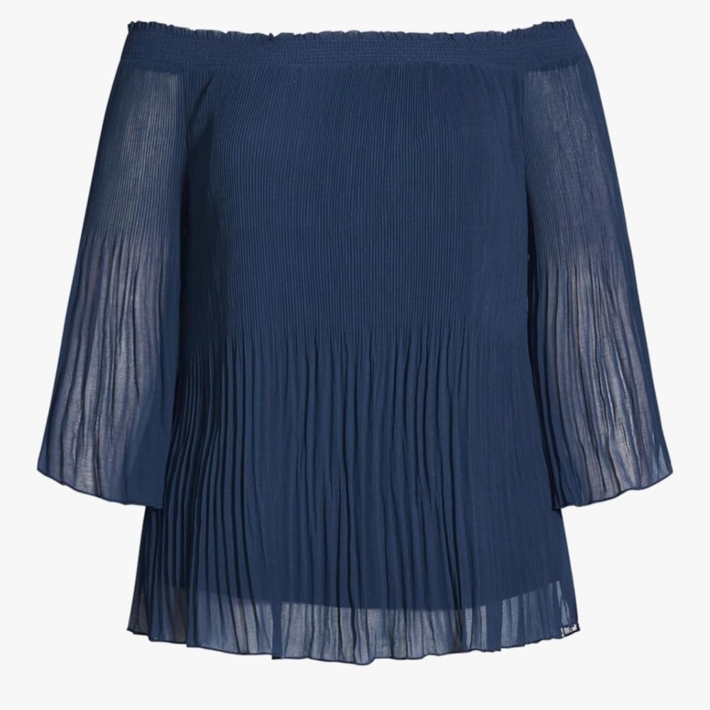 Navy Off-Shoulder Pleated Blouse